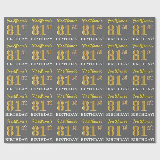 Gray, Imitation Gold Look "81st BIRTHDAY" Wrapping Paper (Flat)