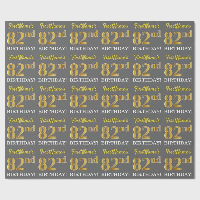 Gray, Imitation Gold Look "82nd BIRTHDAY" Wrapping Paper (Flat)