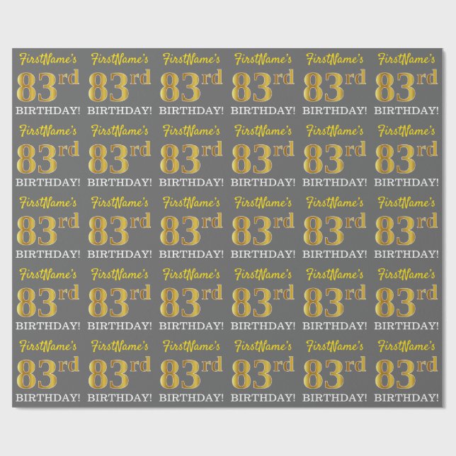 Gray, Imitation Gold Look "83rd BIRTHDAY" Wrapping Paper (Flat)