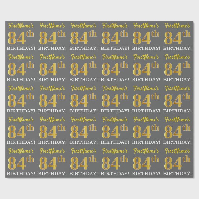 Gray, Imitation Gold Look "84th BIRTHDAY" Wrapping Paper (Flat)