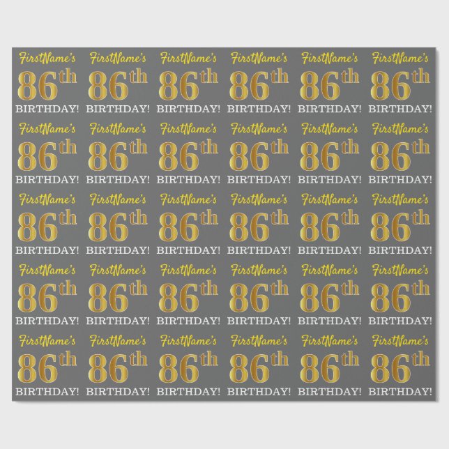 Gray, Imitation Gold Look "86th BIRTHDAY" Wrapping Paper (Flat)