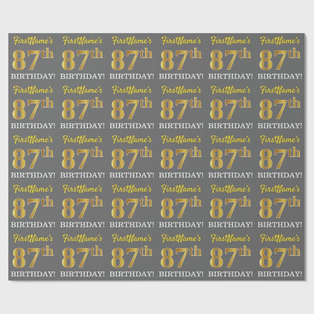 Gray, Imitation Gold Look "87th BIRTHDAY" Wrapping Paper (Flat)