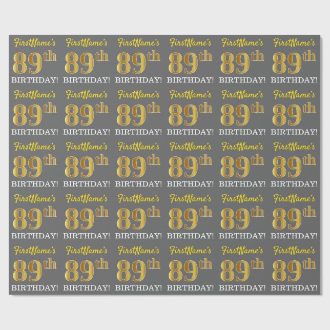 Gray, Imitation Gold Look "89th BIRTHDAY" Wrapping Paper (Flat)