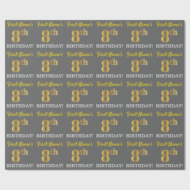 Gray, Imitation Gold Look "8th BIRTHDAY" Wrapping Paper (Flat)