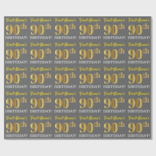 Gray, Imitation Gold Look "90th BIRTHDAY" Wrapping Paper