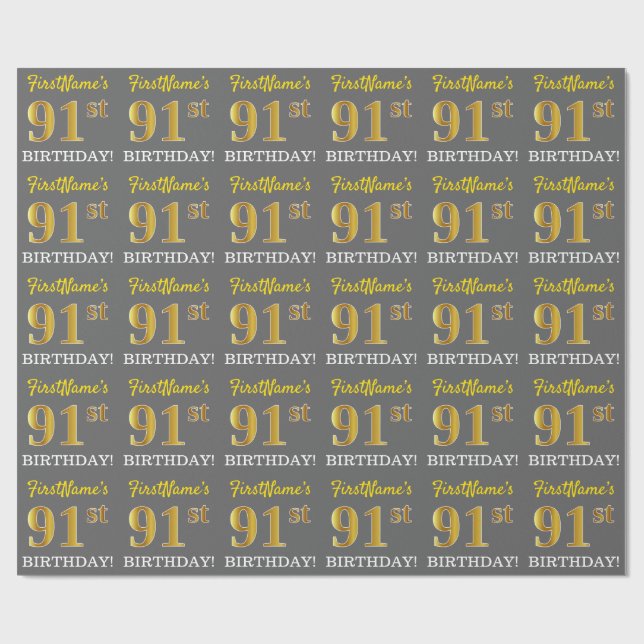Gray, Imitation Gold Look "91st BIRTHDAY" Wrapping Paper (Flat)