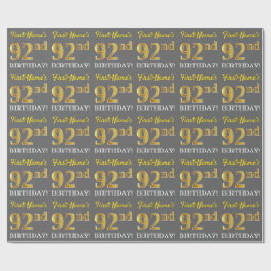 Gray, Imitation Gold Look "92nd BIRTHDAY" Wrapping Paper