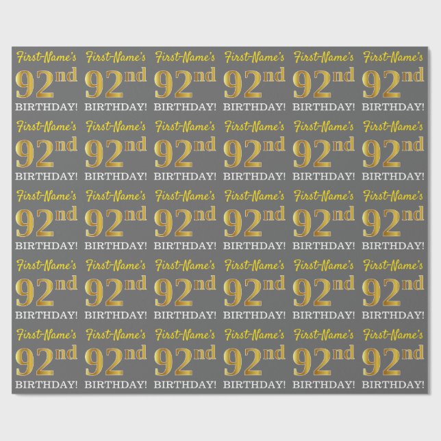 Gray, Imitation Gold Look "92nd BIRTHDAY" Wrapping Paper (Flat)
