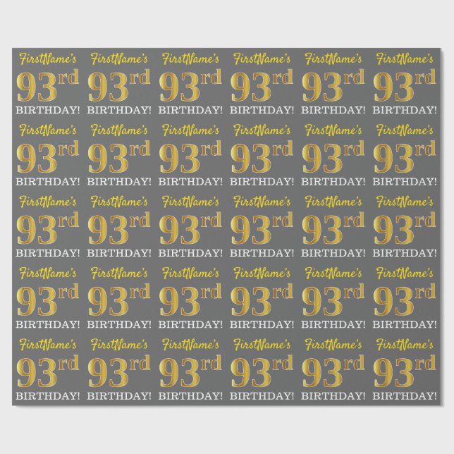 Gray, Imitation Gold Look "93rd BIRTHDAY" Wrapping Paper (Flat)