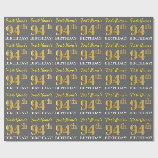 Gray, Imitation Gold Look "94th BIRTHDAY" Wrapping Paper (Flat)