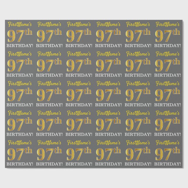 Gray, Imitation Gold Look "97th BIRTHDAY" Wrapping Paper (Flat)