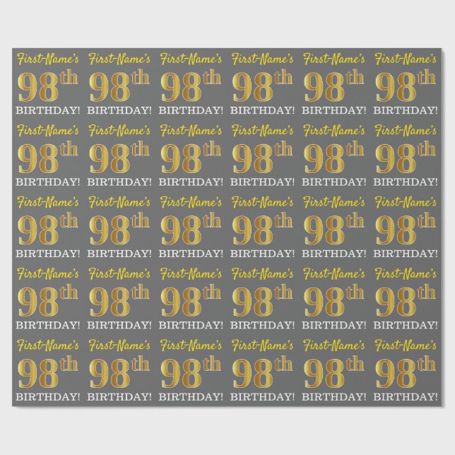 Gray, Imitation Gold Look "98th BIRTHDAY" Wrapping Paper (Flat)