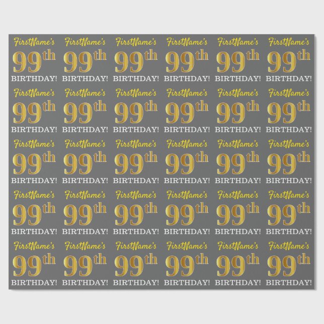 Gray, Imitation Gold Look "99th BIRTHDAY" Wrapping Paper (Flat)