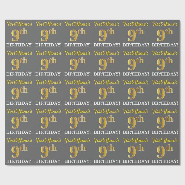Gray, Imitation Gold Look "9th BIRTHDAY" Wrapping Paper (Flat)