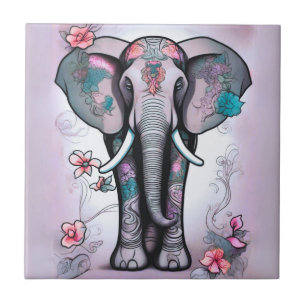 Gray Indian Elephant Embellished with Flowers Ceramic Tile