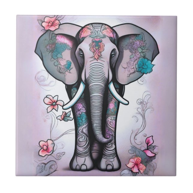 Gray Indian Elephant Embellished with Flowers Ceramic Tile (Front)