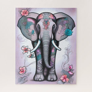 Gray Indian Elephant Embellished with Flowers Jigsaw Puzzle