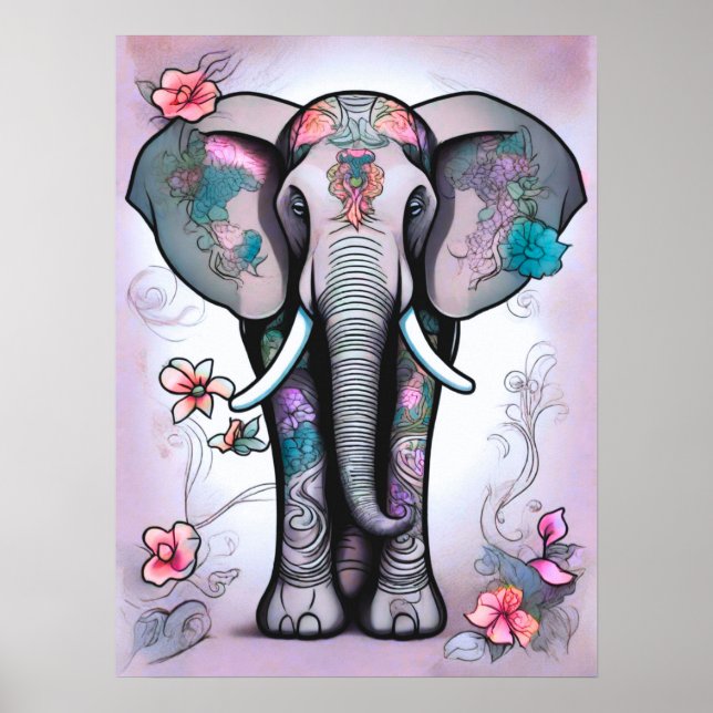 Gray Indian Elephant Embellished with Flowers    Poster (Front)