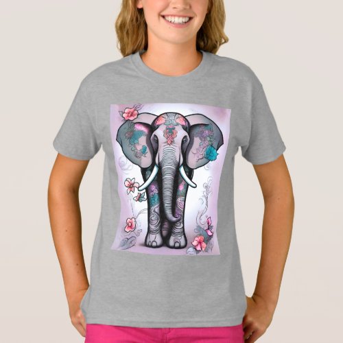 Gray Indian Elephant Embellished with Flowers    T_Shirt
