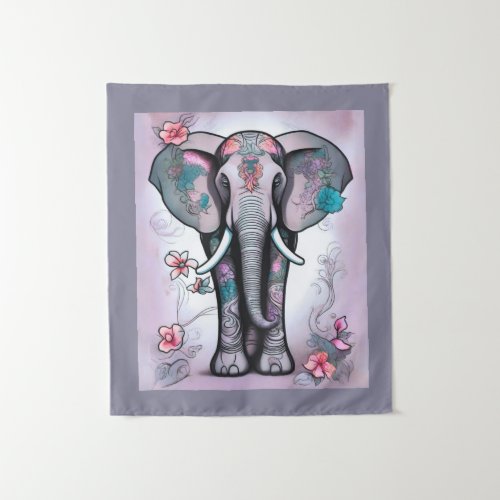 Gray Indian Elephant Embellished with Flowers    Tapestry