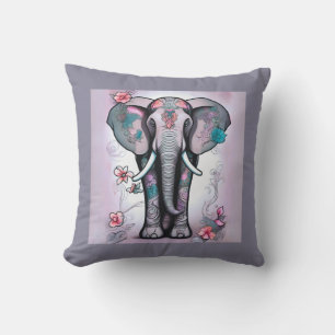 Gray Indian Elephant Embellished with Flowers Throw Pillow