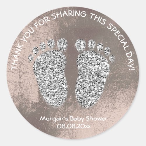 Gray Ivory Feet Baby Shower Glitter Thank Leather Classic Round Sticker