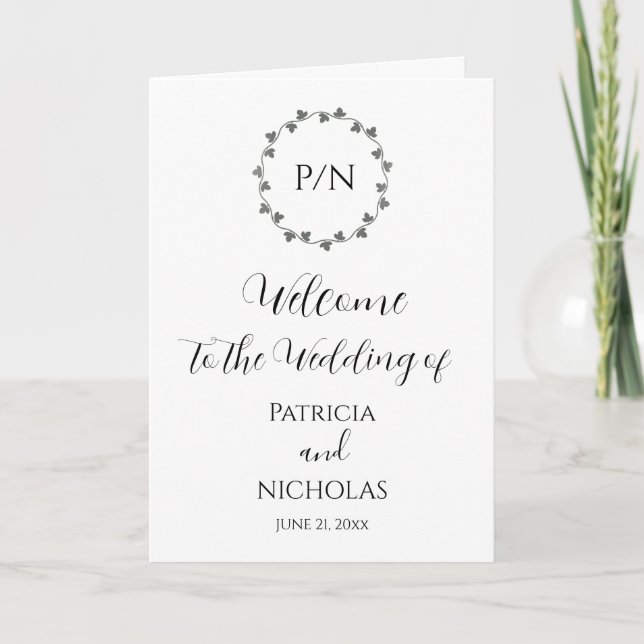 Gray Ivy Wreath and Initials Wedding Program (Front)