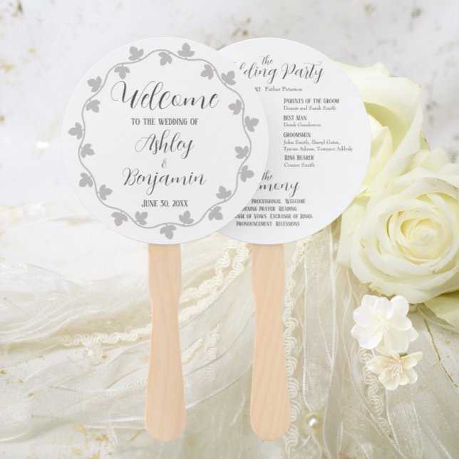 Gray Ivy Wreath Personalized Wedding Program Hand Fan (In Situ Wedding)