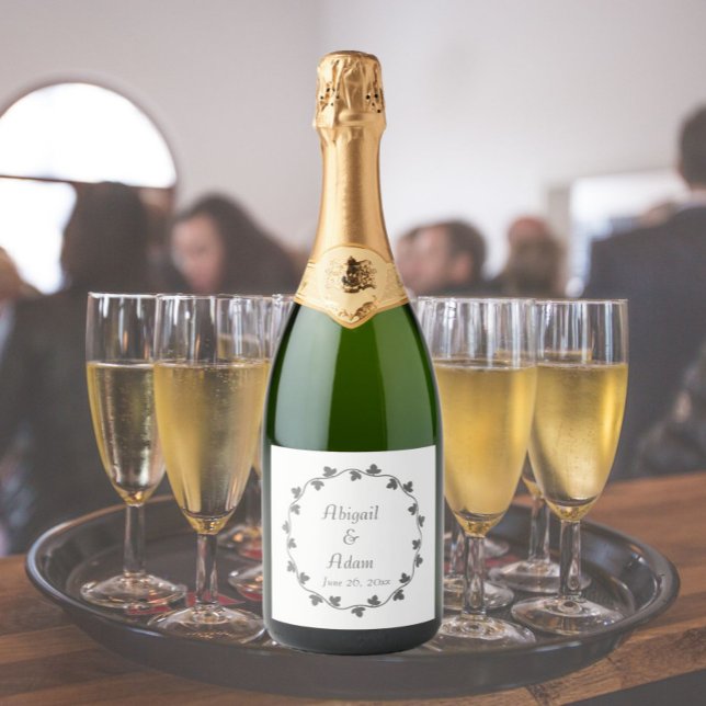 Gray Ivy Wreath Personalized Wedding Sparkling Wine Label (In Situ Wedding)