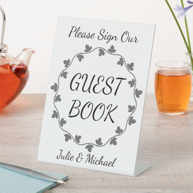 Gray Ivy Wreath Wedding Guest Book Pedestal Sign (In SItu)