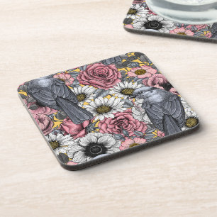 Gray jays and flowers beverage coaster