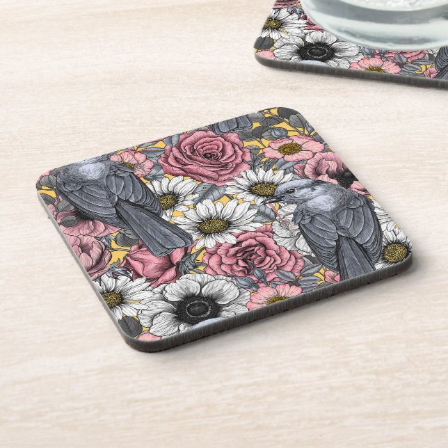 Gray jays and flowers beverage coaster (Left Side)