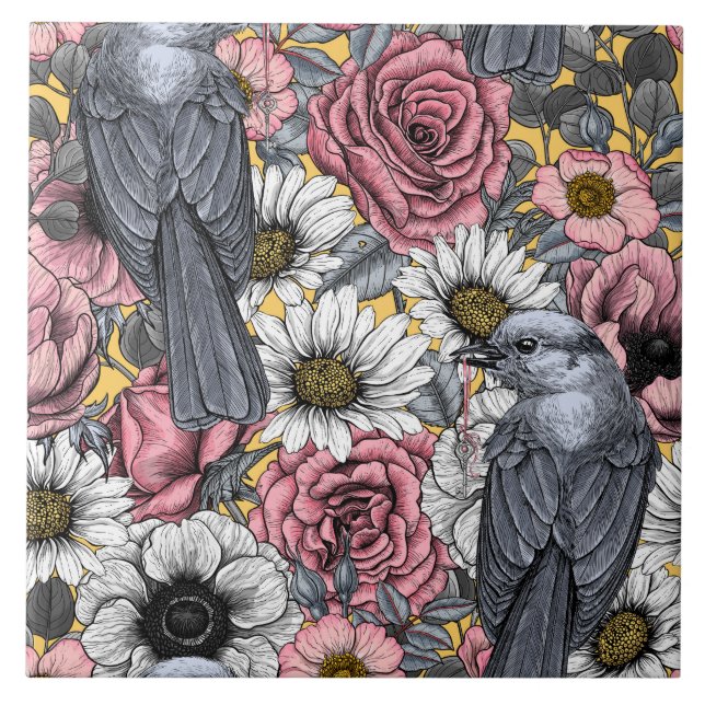 Gray jays and flowers ceramic tile (Front)