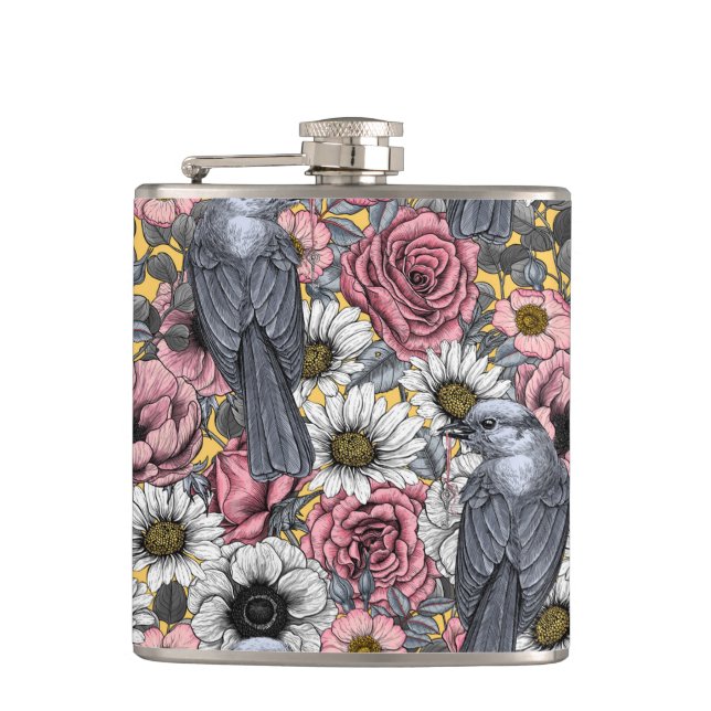 Gray jays and flowers flask (Front)