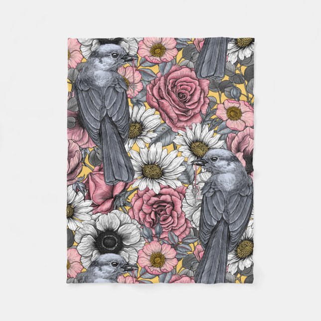 Gray jays and flowers fleece blanket (Front)