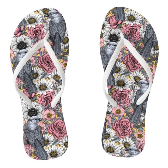 Gray jays and flowers flip flops (Footbed)