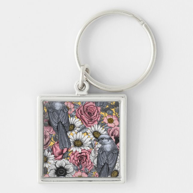 Gray jays and flowers keychain (Front)
