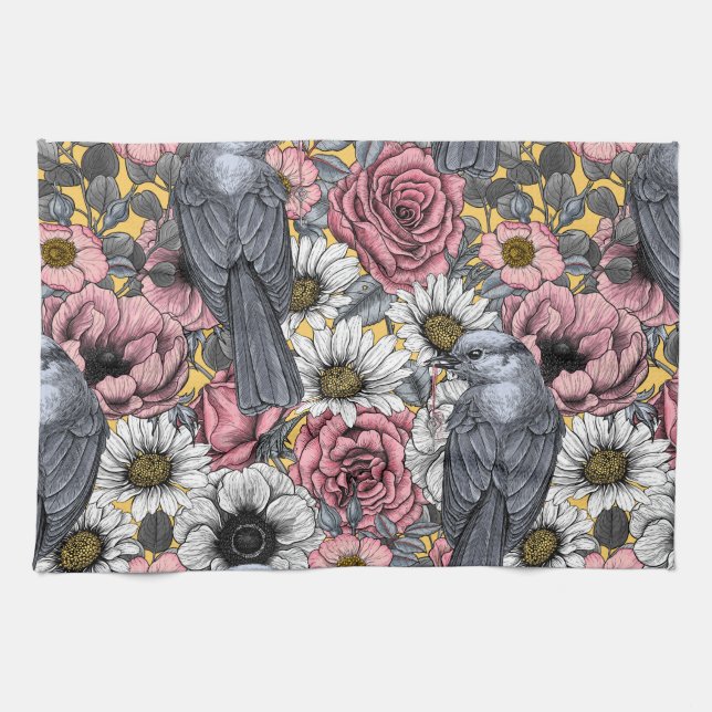 Gray jays and flowers kitchen towel (Horizontal)