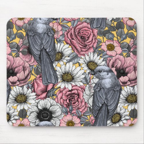 Gray jays and flowers mouse pad