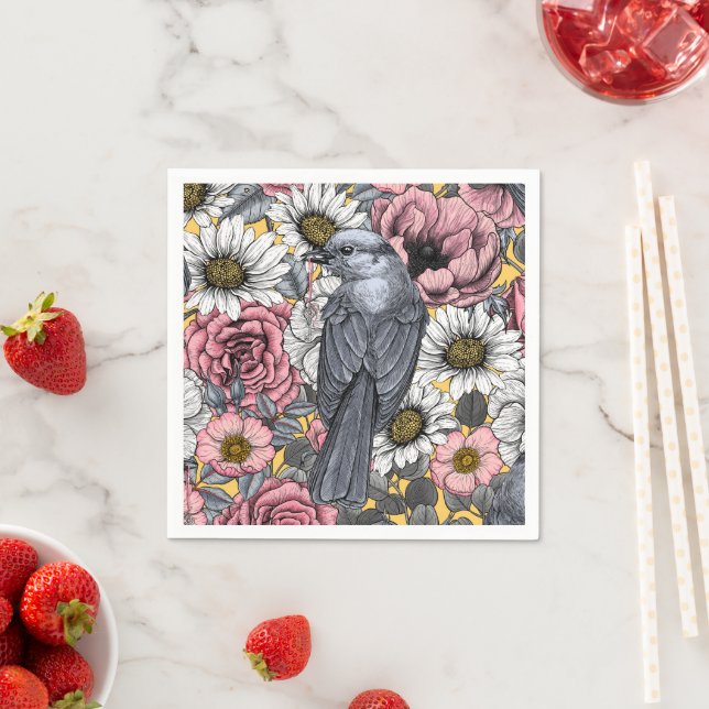 Gray jays and flowers napkins (Insitu)