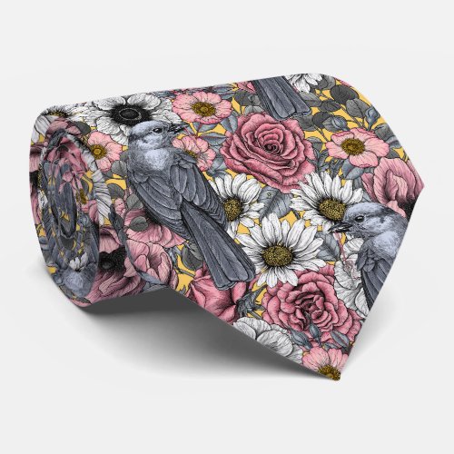 Gray jays and flowers neck tie