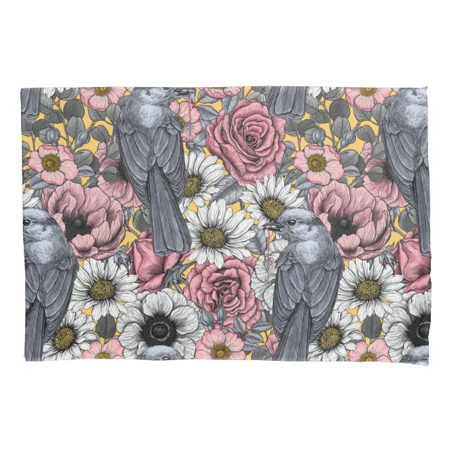 Gray jays and flowers pillow case (Front)