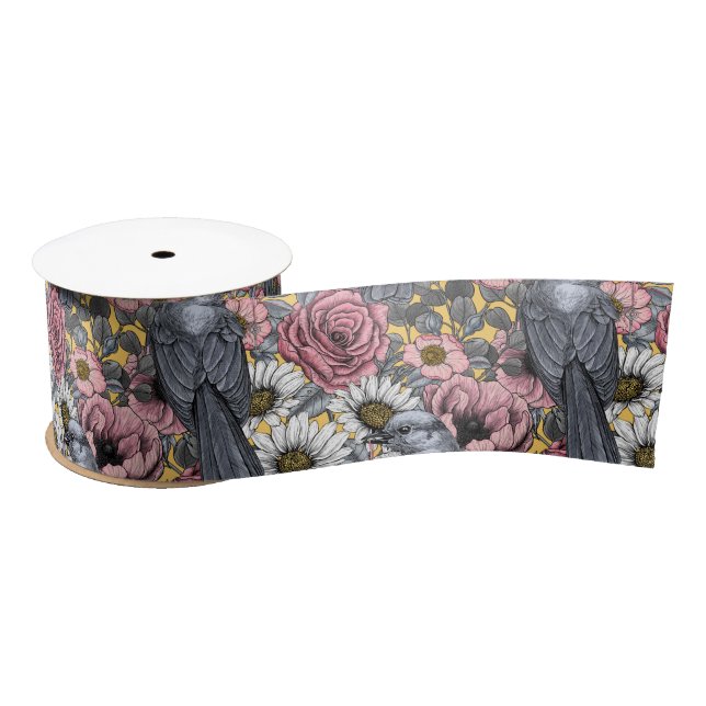 Gray jays and flowers satin ribbon (Spool)
