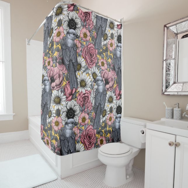 Gray jays and flowers shower curtain (In Situ)