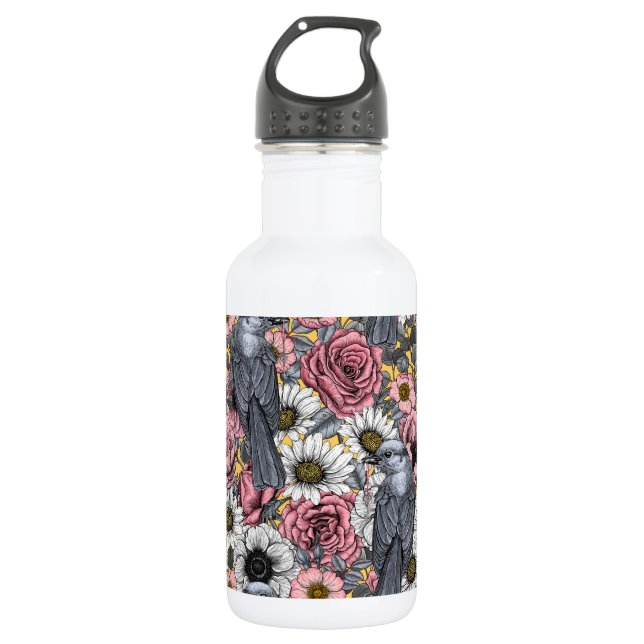Gray jays and flowers stainless steel water bottle (Front)