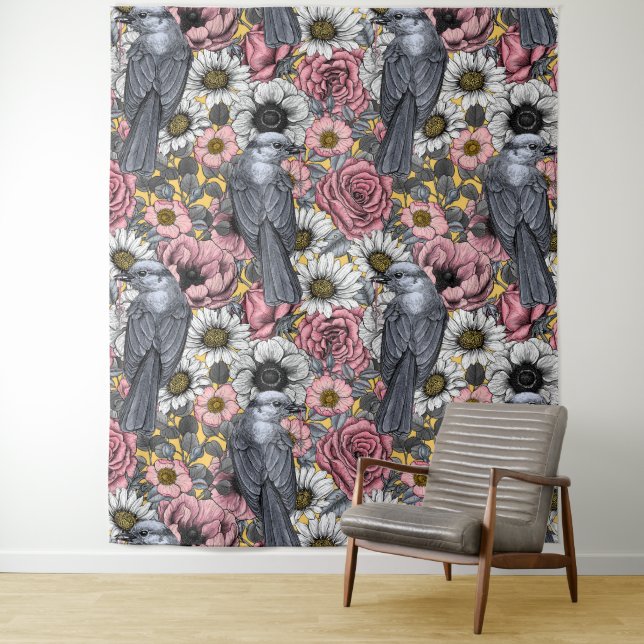 Gray jays and flowers tapestry (In Situ)
