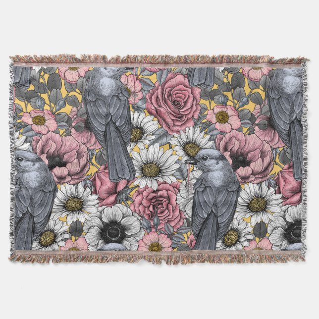 Gray jays and flowers throw blanket (Front)