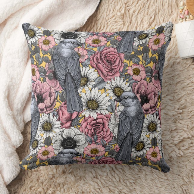 Gray jays and flowers throw pillow (Blanket)