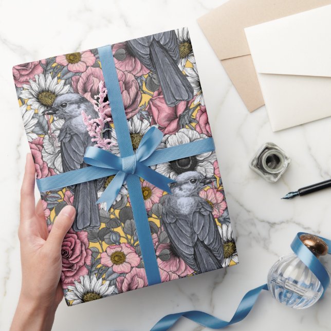 Gray jays and flowers wrapping paper (Gifting)