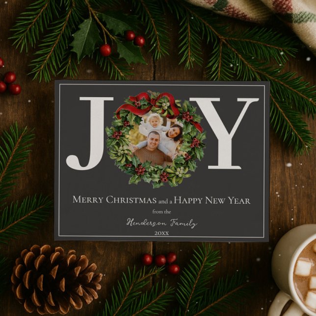 Gray Joy Christmas Wreath Photo Holiday Card (Gray Joy Christmas Wreath Photo Holiday Card)